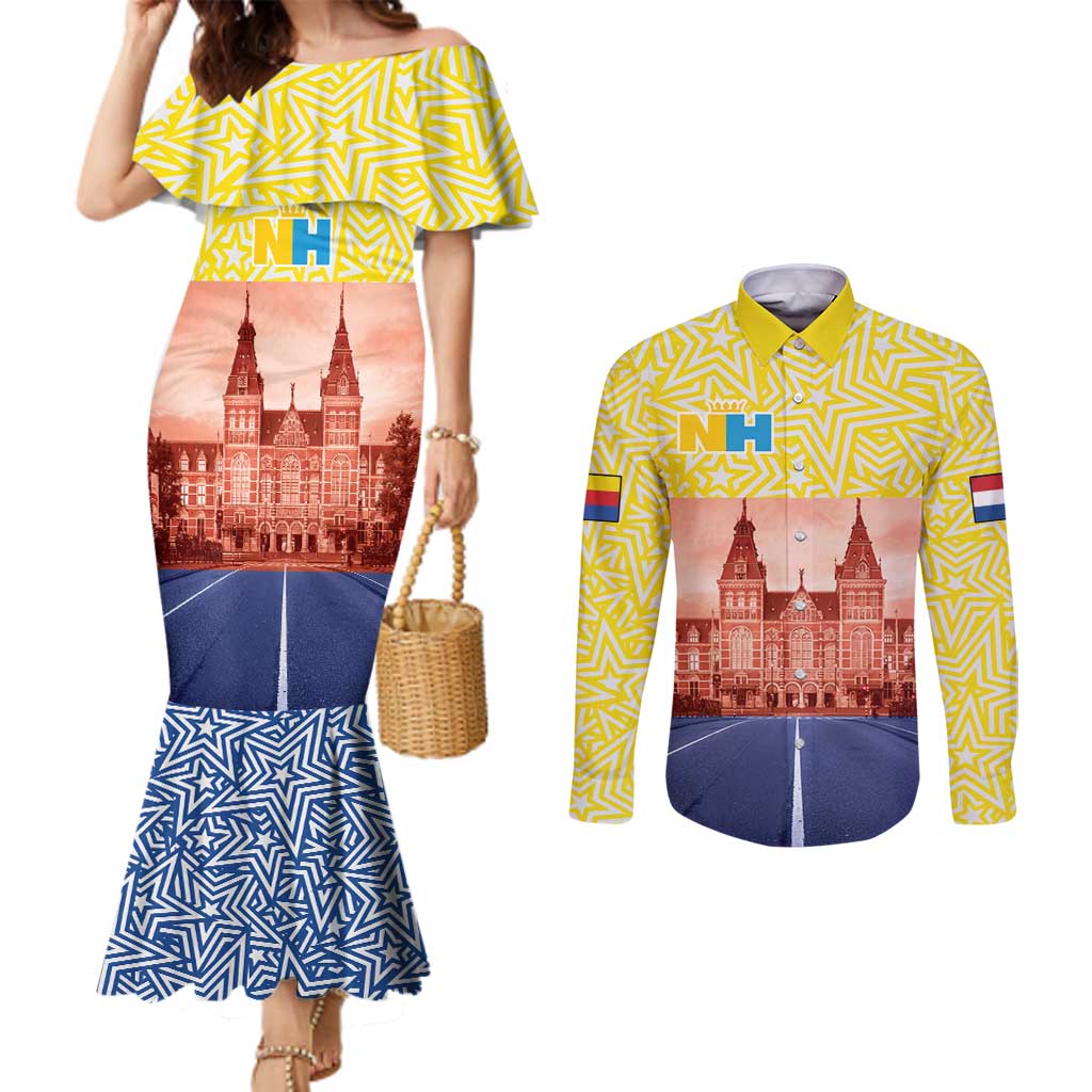 Netherlands North Holland Province Couples Matching Mermaid Dress and Long Sleeve Button Shirt Flag Style