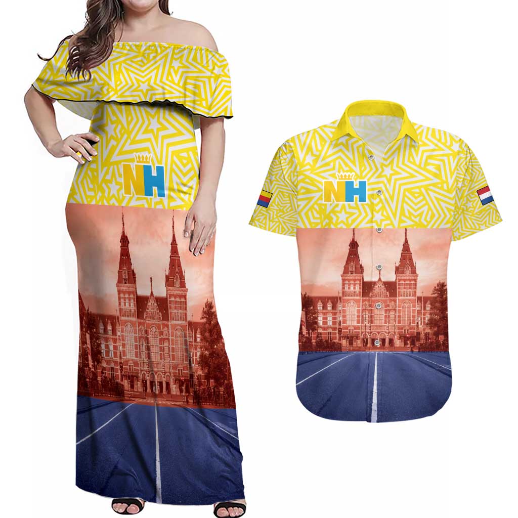 Netherlands North Holland Province Couples Matching Off Shoulder Maxi Dress and Hawaiian Shirt Flag Style