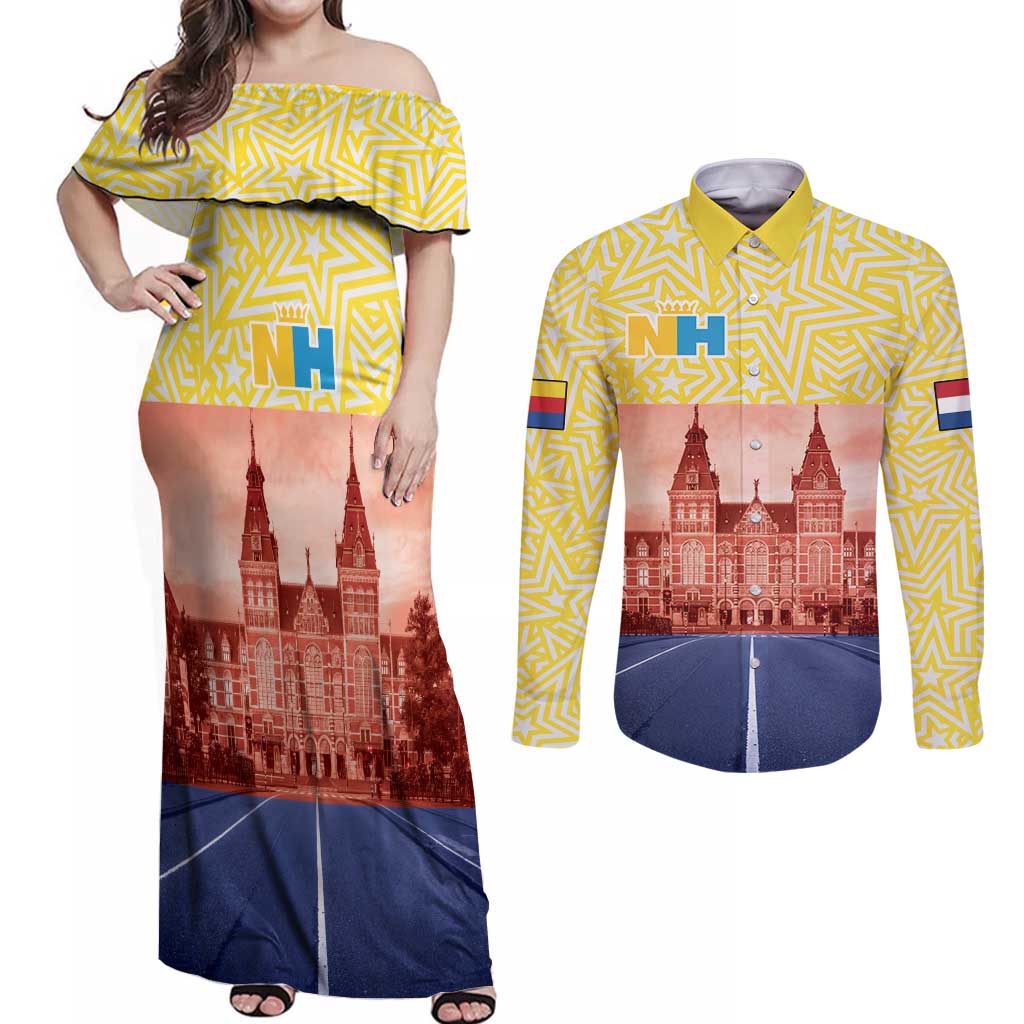 Netherlands North Holland Province Couples Matching Off Shoulder Maxi Dress and Long Sleeve Button Shirt Flag Style