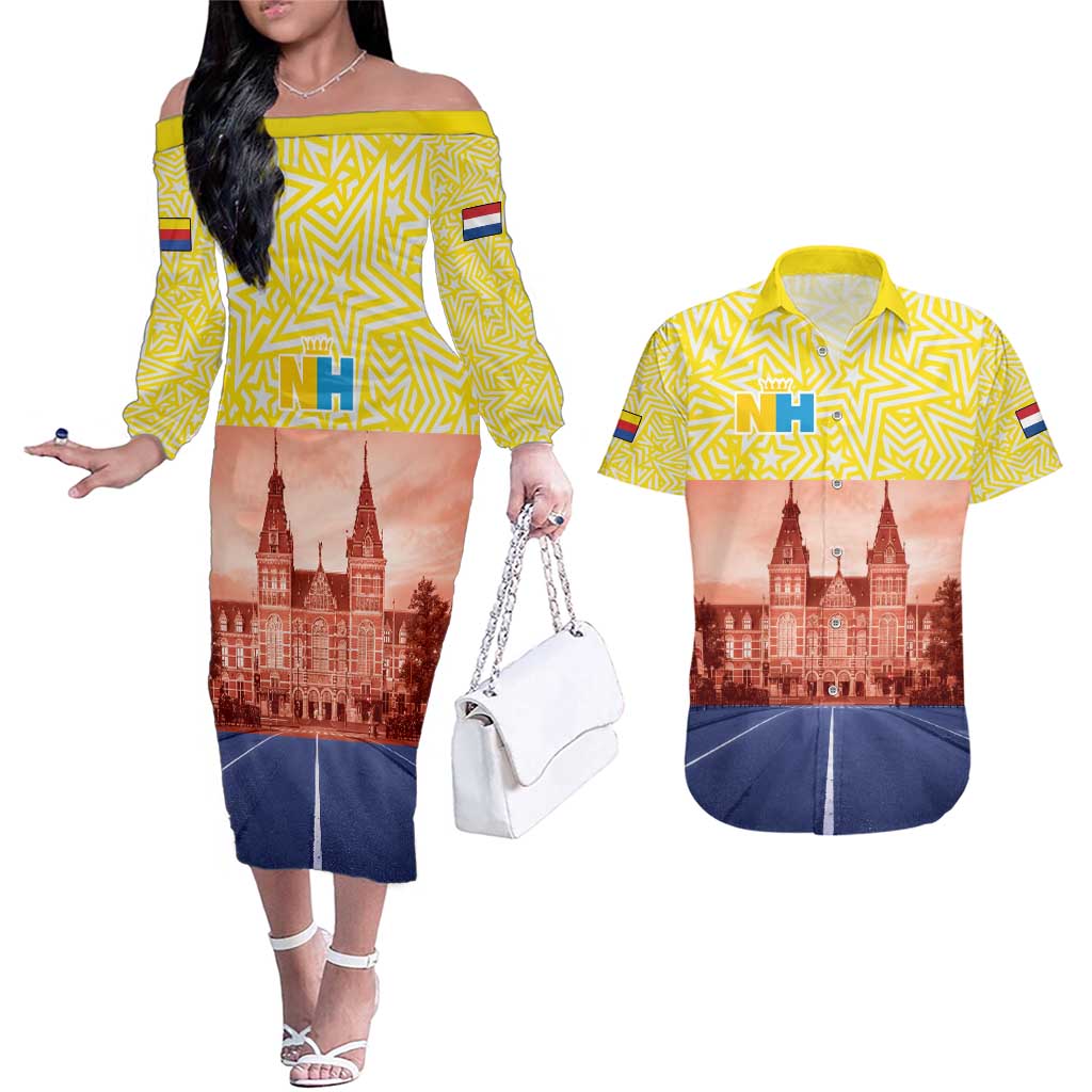 Netherlands North Holland Province Couples Matching Off The Shoulder Long Sleeve Dress and Hawaiian Shirt Flag Style