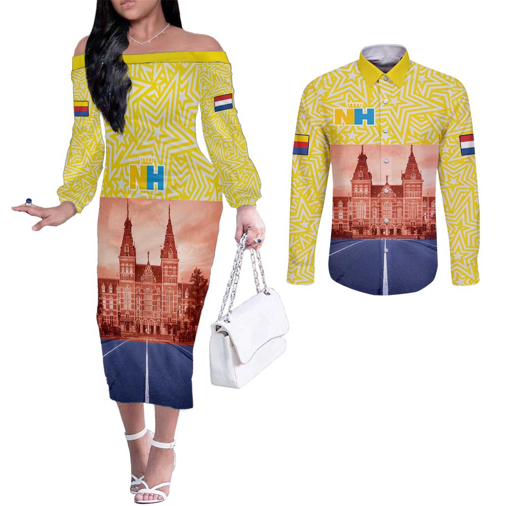 Netherlands North Holland Province Couples Matching Off The Shoulder Long Sleeve Dress and Long Sleeve Button Shirt Flag Style