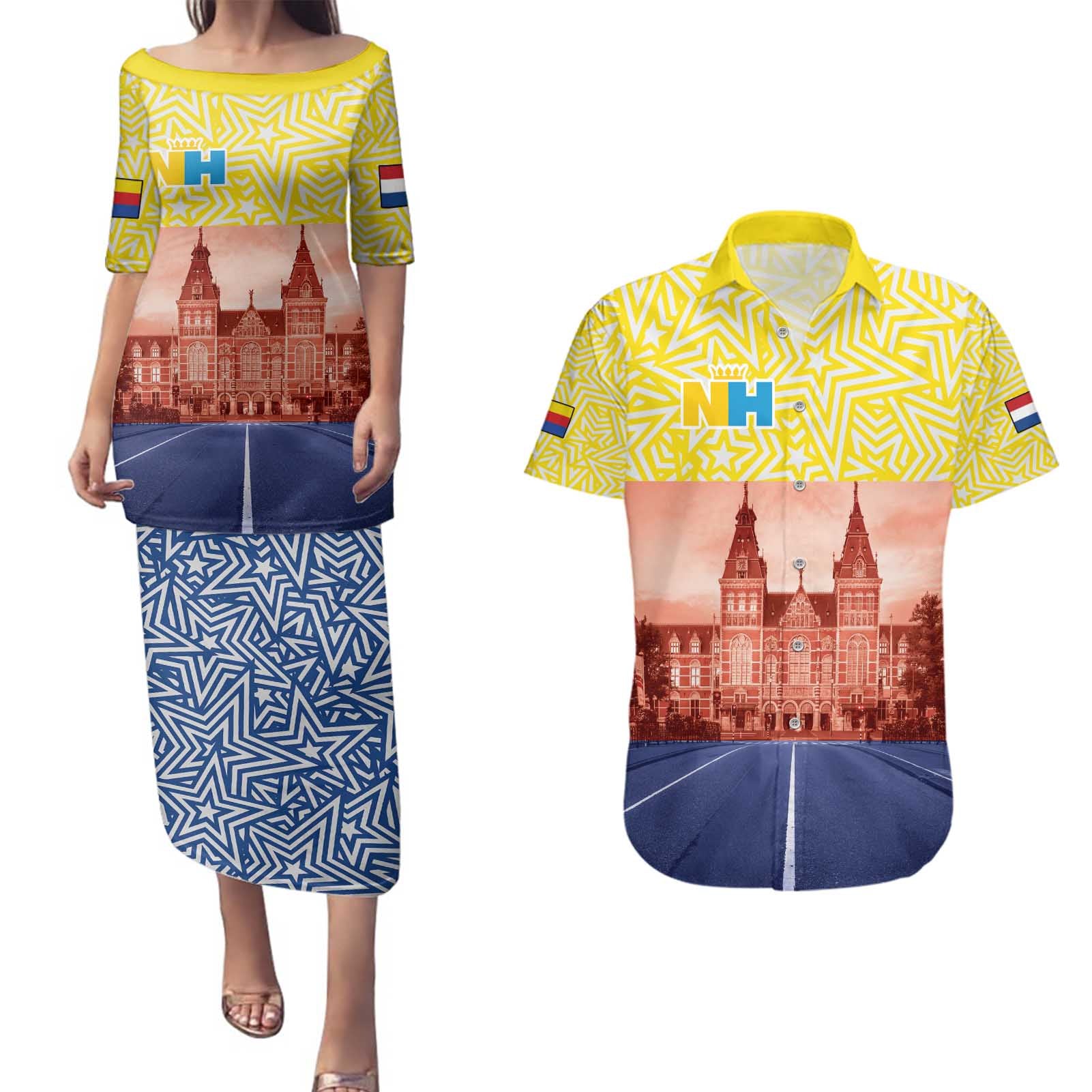 Netherlands North Holland Province Couples Matching Puletasi and Hawaiian Shirt Flag Style