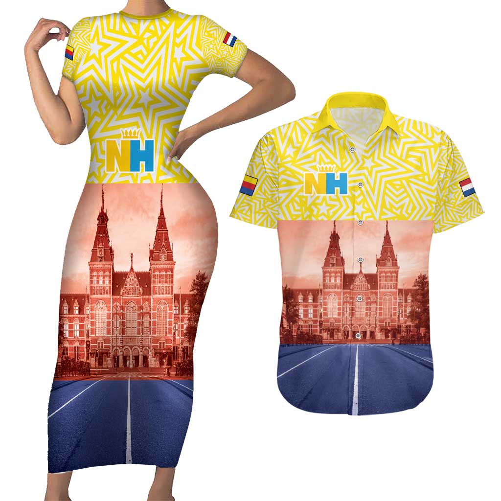 Netherlands North Holland Province Couples Matching Short Sleeve Bodycon Dress and Hawaiian Shirt Flag Style