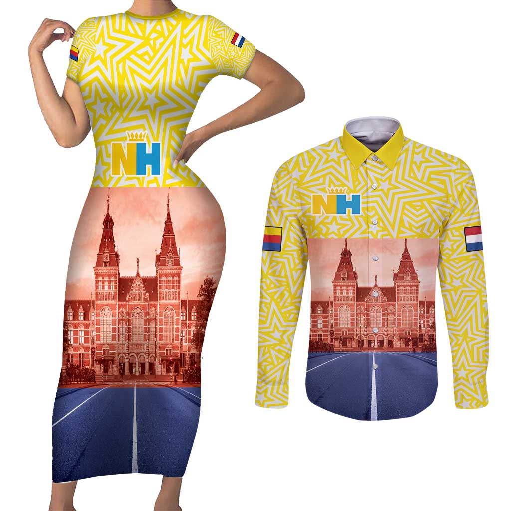 Netherlands North Holland Province Couples Matching Short Sleeve Bodycon Dress and Long Sleeve Button Shirt Flag Style