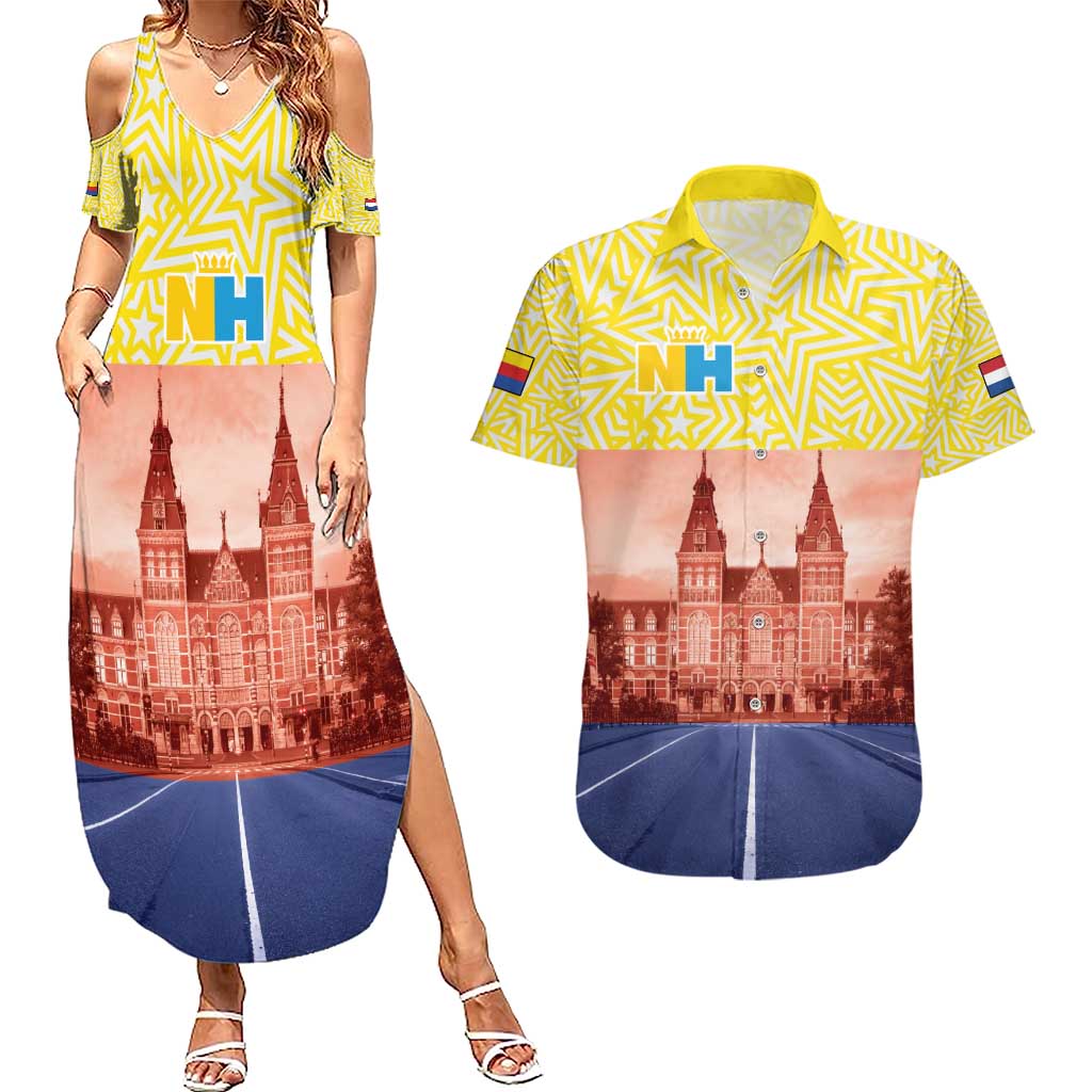 Netherlands North Holland Province Couples Matching Summer Maxi Dress and Hawaiian Shirt Flag Style