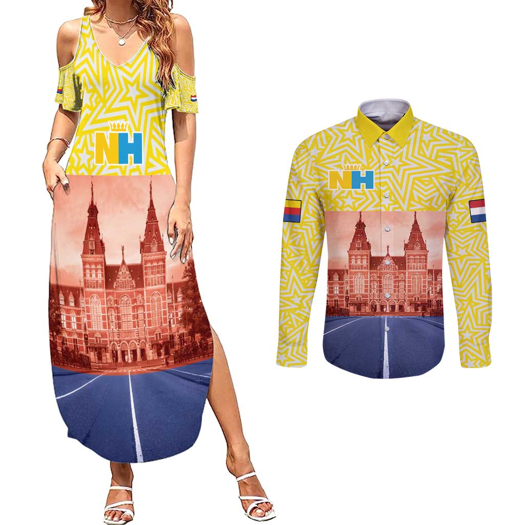 Netherlands North Holland Province Couples Matching Summer Maxi Dress and Long Sleeve Button Shirt Flag Style