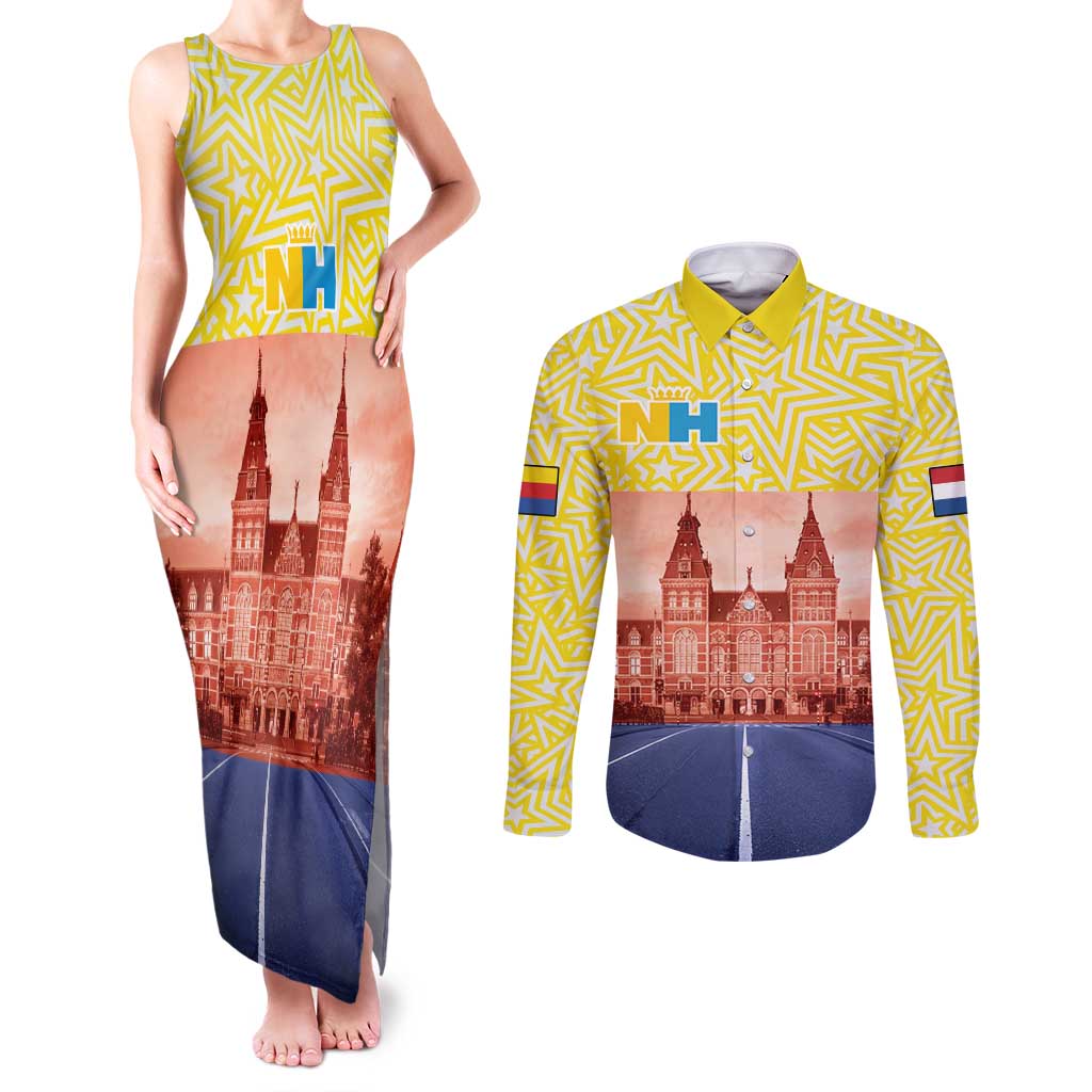 Netherlands North Holland Province Couples Matching Tank Maxi Dress and Long Sleeve Button Shirt Flag Style