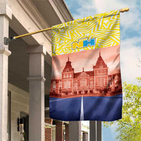 Yellow garden flag with stars, NH emblem, red building and blue stripe