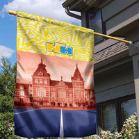 Yellow and blue garden flag with NH emblem, red building scene and blue-white stripe