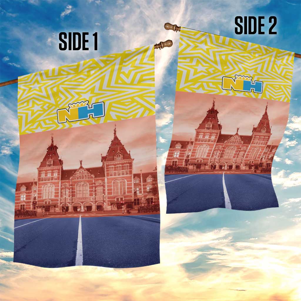 Two-sided garden flag with NH emblem, yellow stars, red building and blue stripe