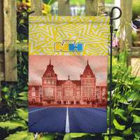 Yellow garden flag with NH emblem, red building illustration and blue stripe