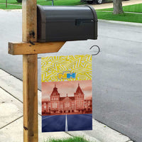 Yellow garden flag with NH emblem, red building scene and blue stripe on post