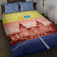North Holland flag quilt bed set with blue star pillows, yellow stripe, red city, blue base