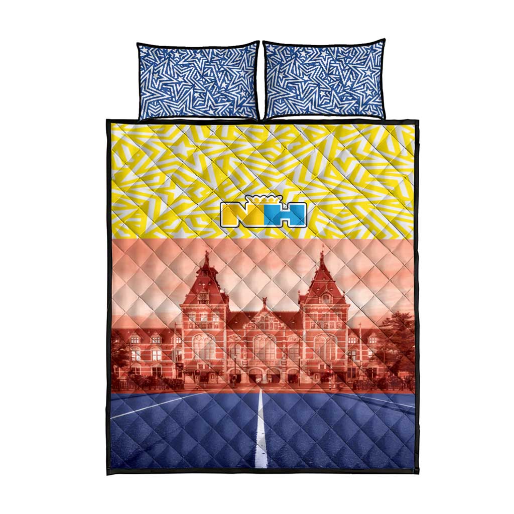 North Holland flag quilt bed set showing blue star pillow shams and full quilt design