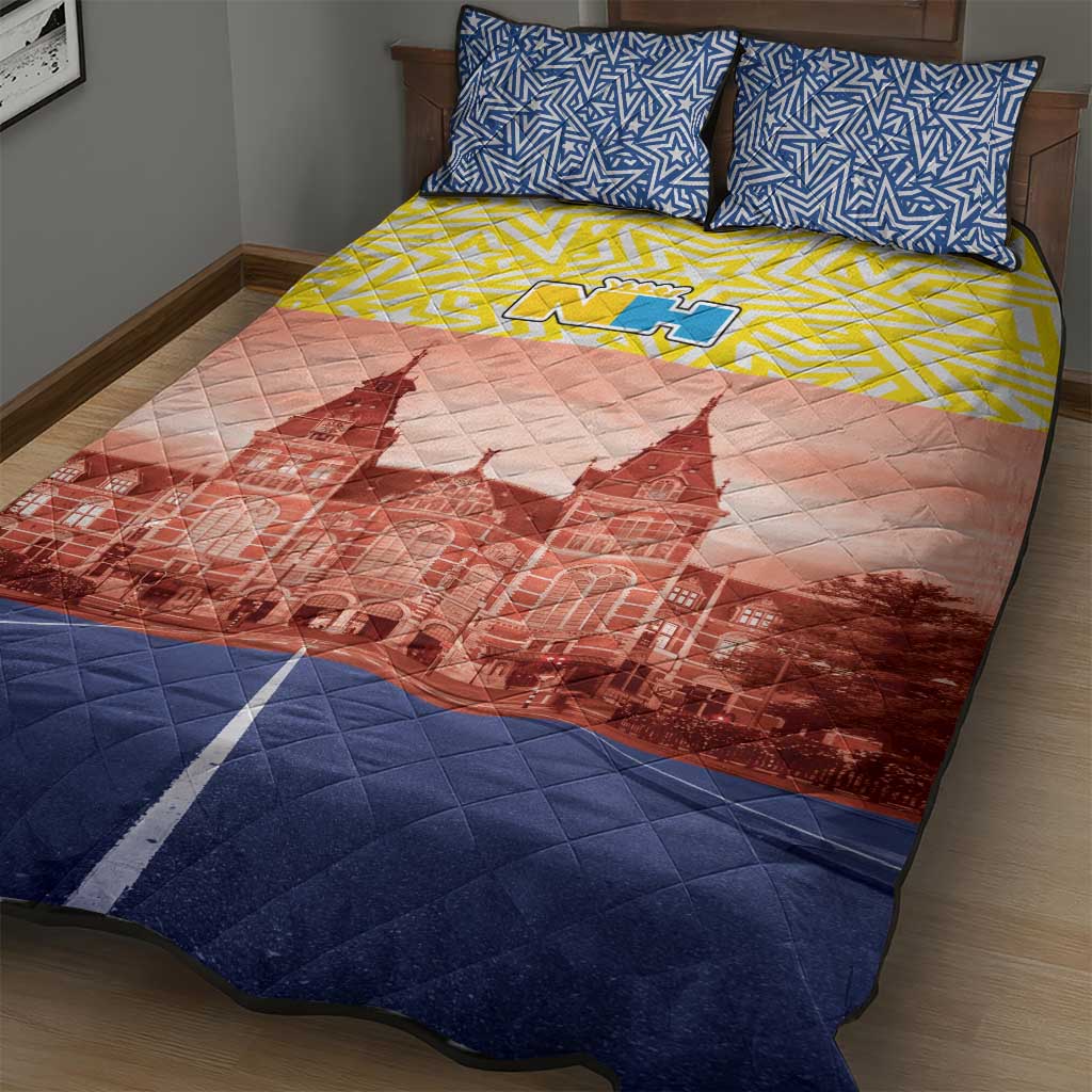 North Holland flag quilt bed set with blue star pillows, yellow top stripe, red skyline center