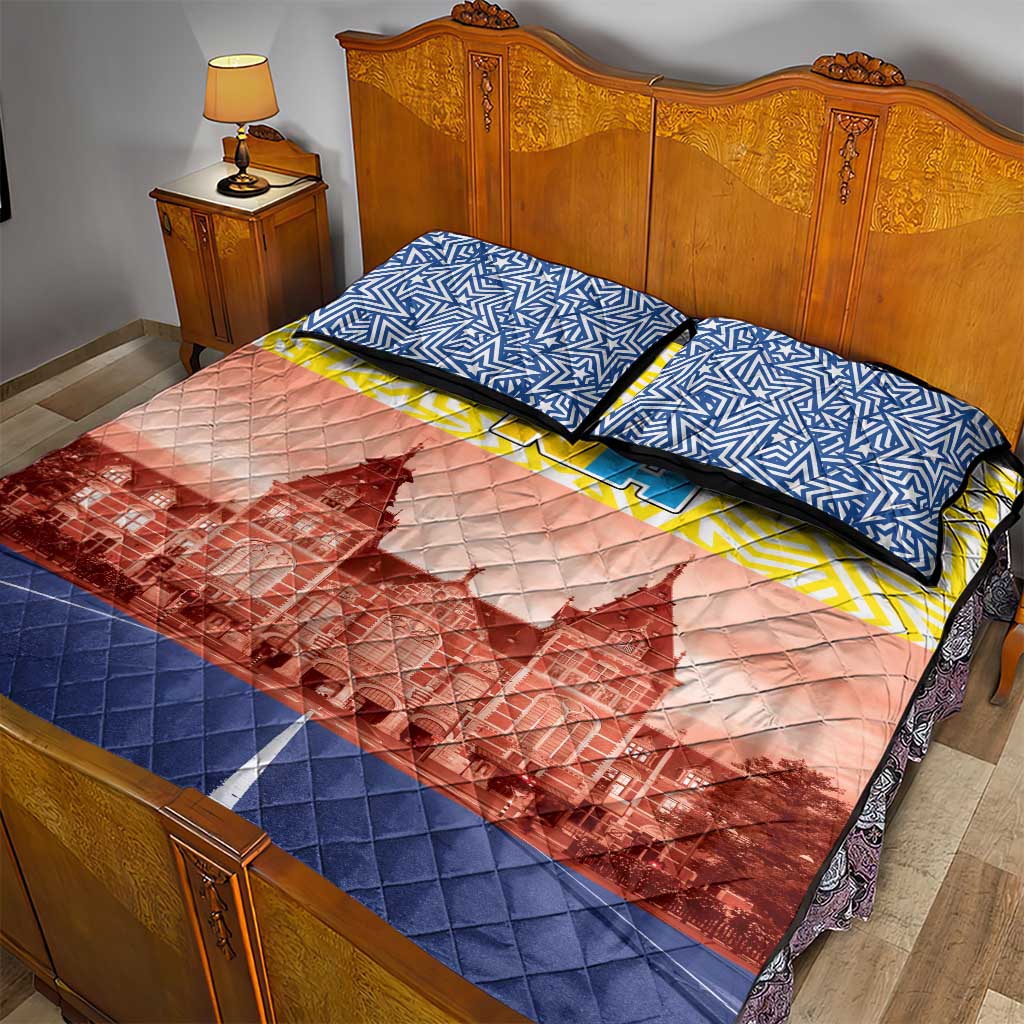 North Holland flag quilt bed set with two blue star pillow shams and quilt with red city center