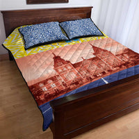 North Holland flag quilt bed set with blue star pillows and quilt featuring red buildings and blue base