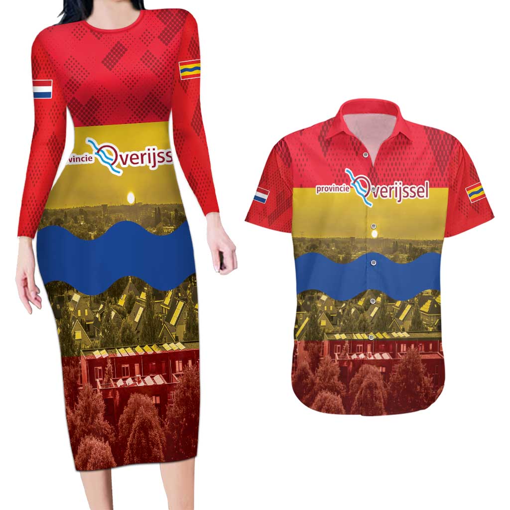 Netherlands Overijssel Province Couples Matching Long Sleeve Bodycon Dress and Hawaiian Shirt Flag Style