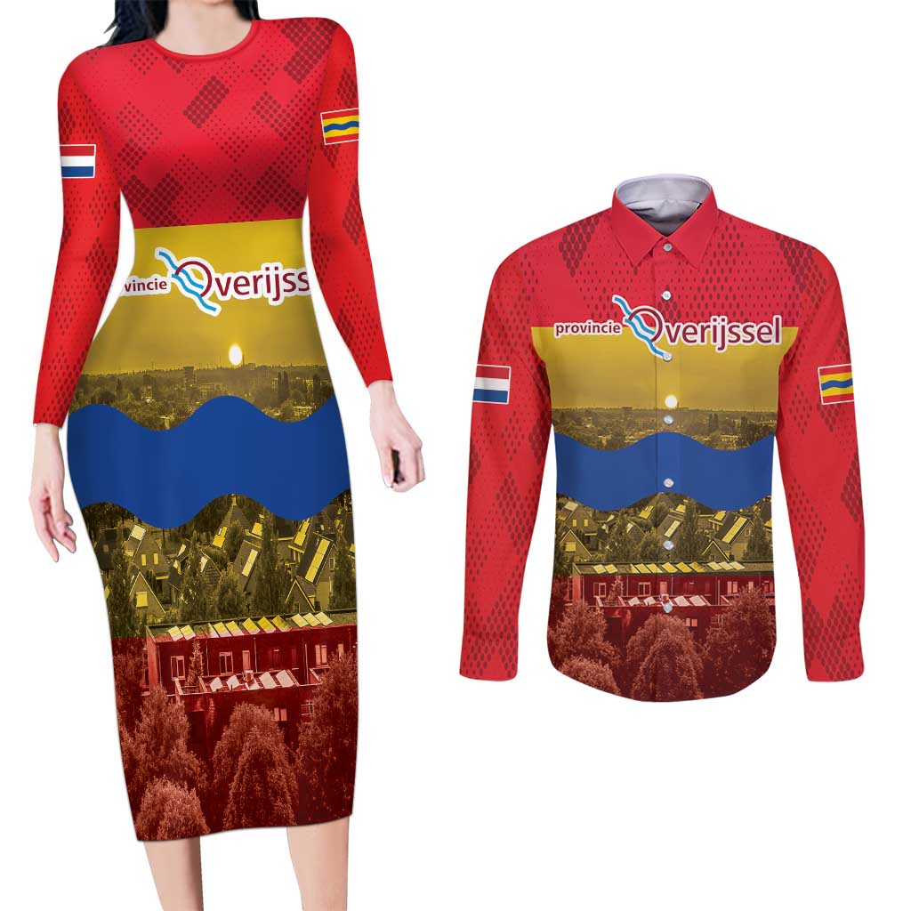 Netherlands Overijssel Province Couples Matching Long Sleeve Bodycon Dress and Long Sleeve Button Shirt Flag Style