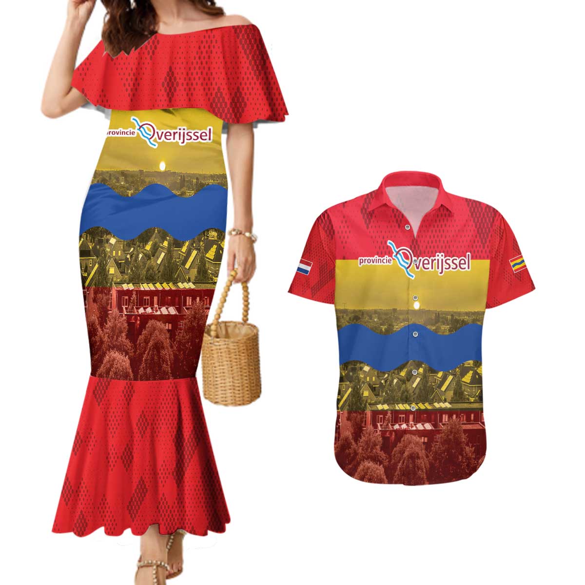 Netherlands Overijssel Province Couples Matching Mermaid Dress and Hawaiian Shirt Flag Style