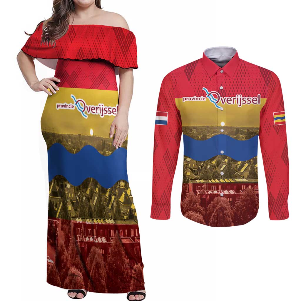 Netherlands Overijssel Province Couples Matching Off Shoulder Maxi Dress and Long Sleeve Button Shirt Flag Style