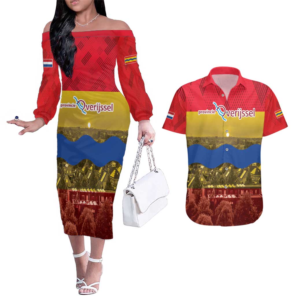 Netherlands Overijssel Province Couples Matching Off The Shoulder Long Sleeve Dress and Hawaiian Shirt Flag Style