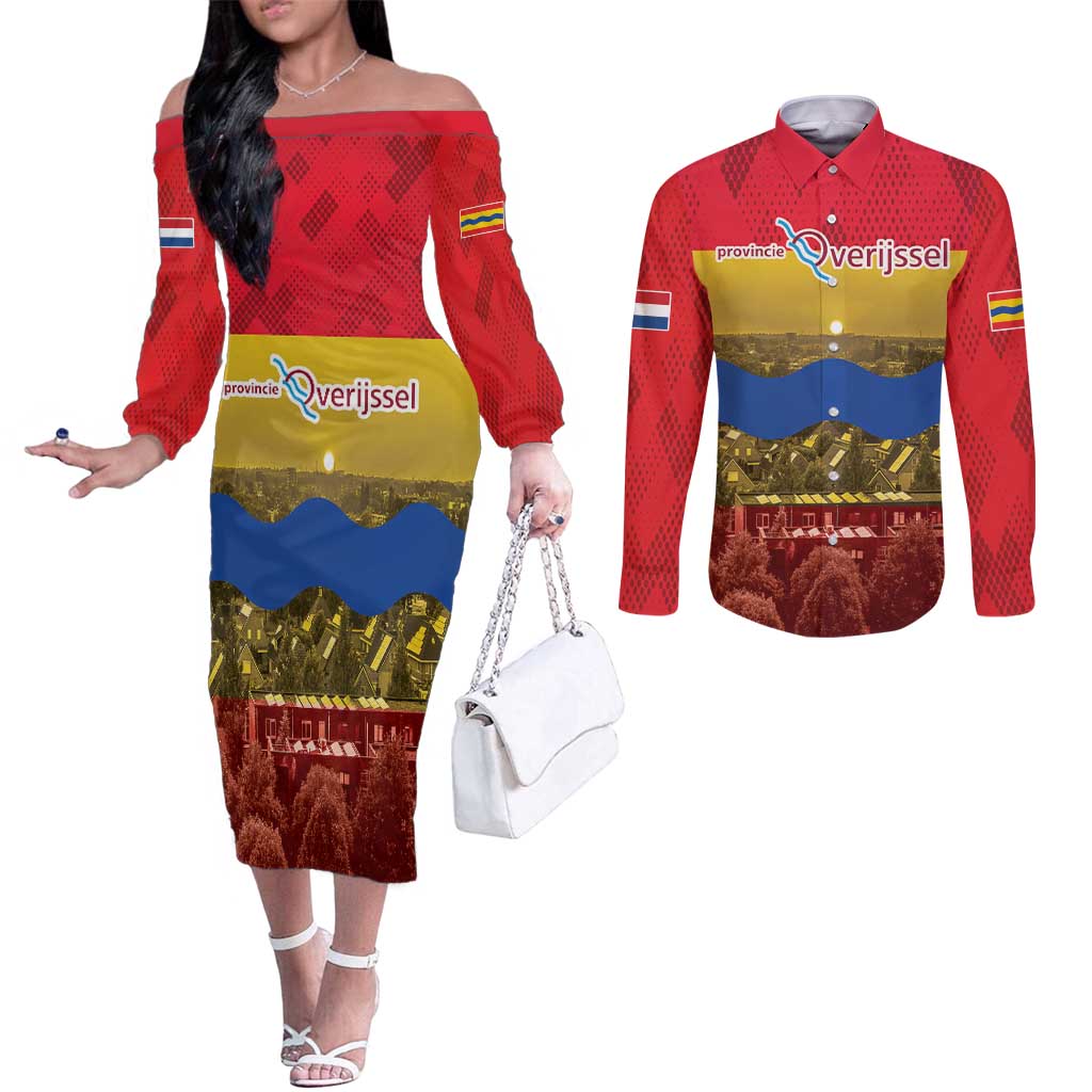 Netherlands Overijssel Province Couples Matching Off The Shoulder Long Sleeve Dress and Long Sleeve Button Shirt Flag Style