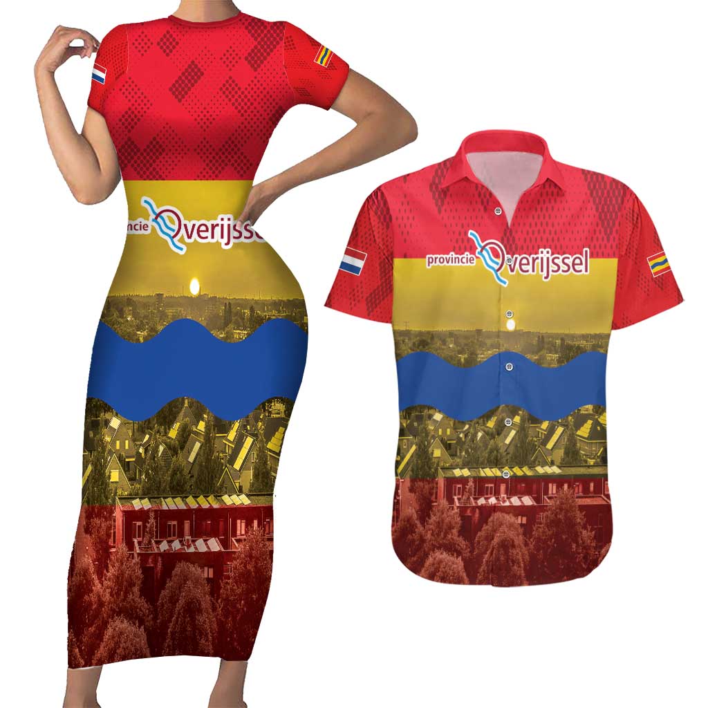 Netherlands Overijssel Province Couples Matching Short Sleeve Bodycon Dress and Hawaiian Shirt Flag Style