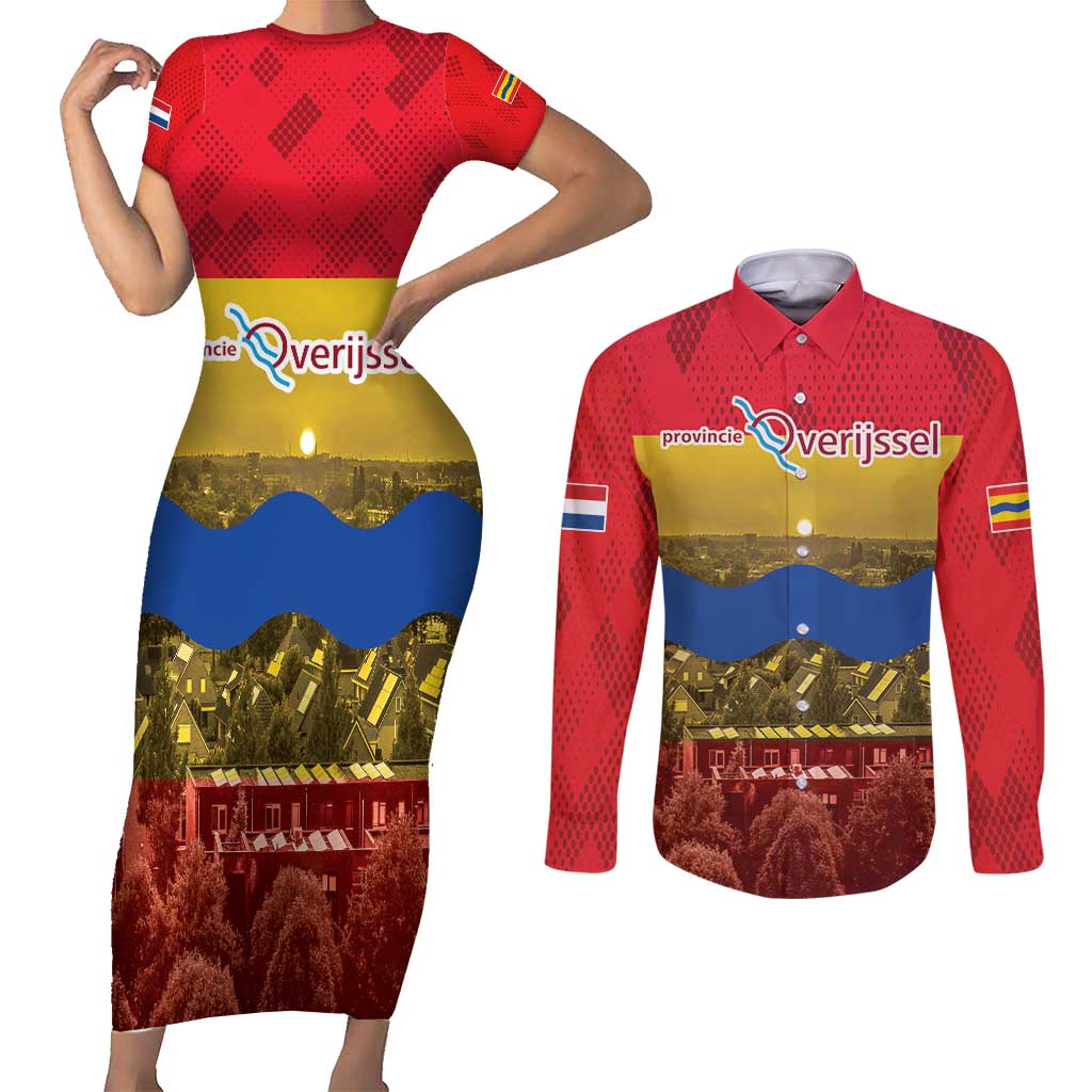 Netherlands Overijssel Province Couples Matching Short Sleeve Bodycon Dress and Long Sleeve Button Shirt Flag Style