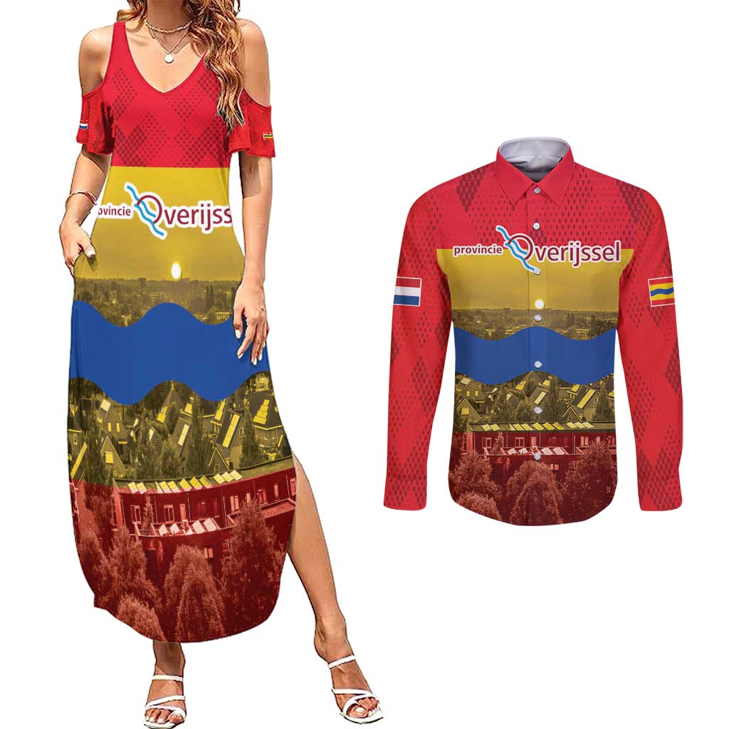 Netherlands Overijssel Province Couples Matching Summer Maxi Dress and Long Sleeve Button Shirt Flag Style