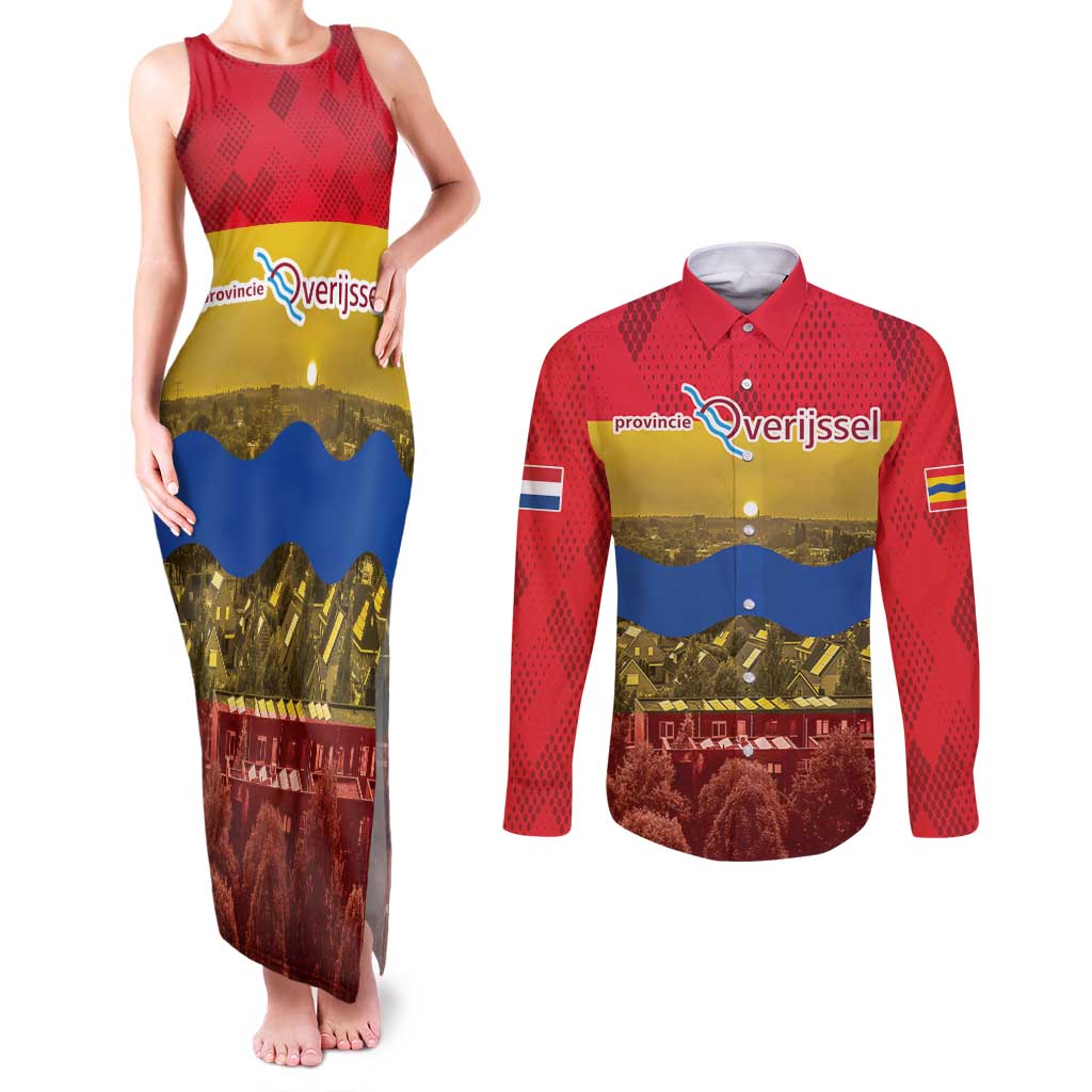 Netherlands Overijssel Province Couples Matching Tank Maxi Dress and Long Sleeve Button Shirt Flag Style