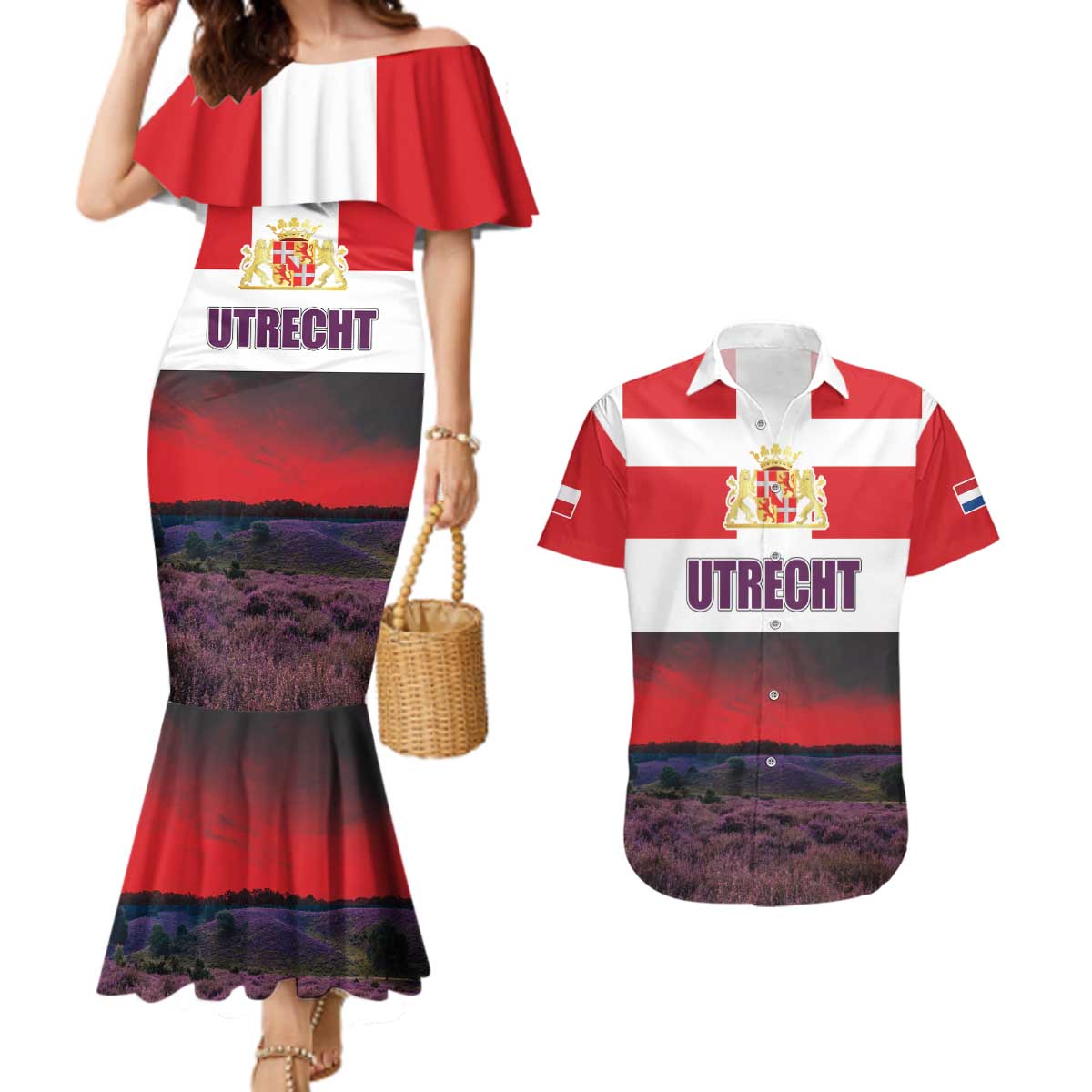 Netherlands Utrecht Province Couples Matching Mermaid Dress and Hawaiian Shirt Flag Style