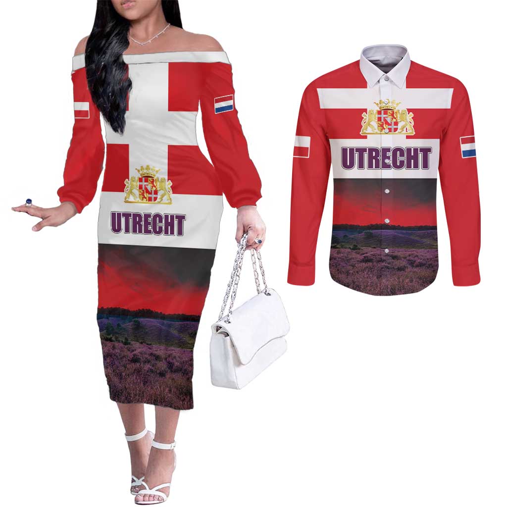 Netherlands Utrecht Province Couples Matching Off The Shoulder Long Sleeve Dress and Long Sleeve Button Shirt Flag Style