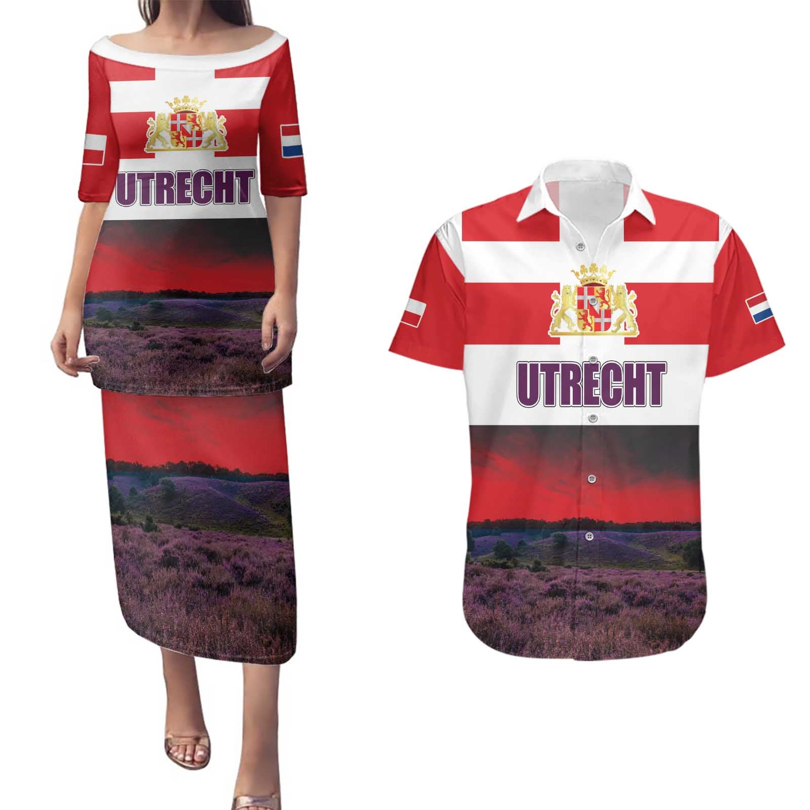 Netherlands Utrecht Province Couples Matching Puletasi and Hawaiian Shirt Flag Style