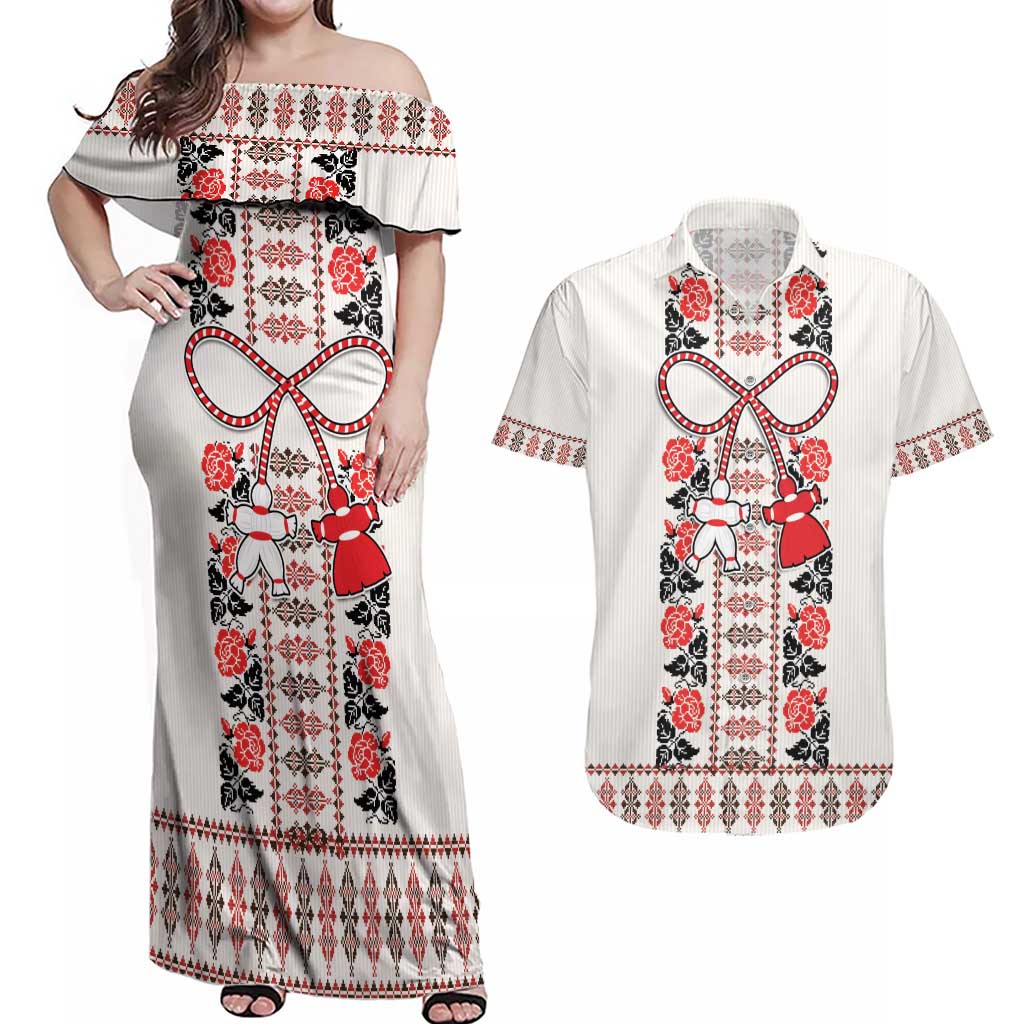 Romanian Traditional Pattern with Martenitsa Couples Matching Off Shoulder Maxi Dress and Hawaiian Shirt Happy Martisor Day 1 March