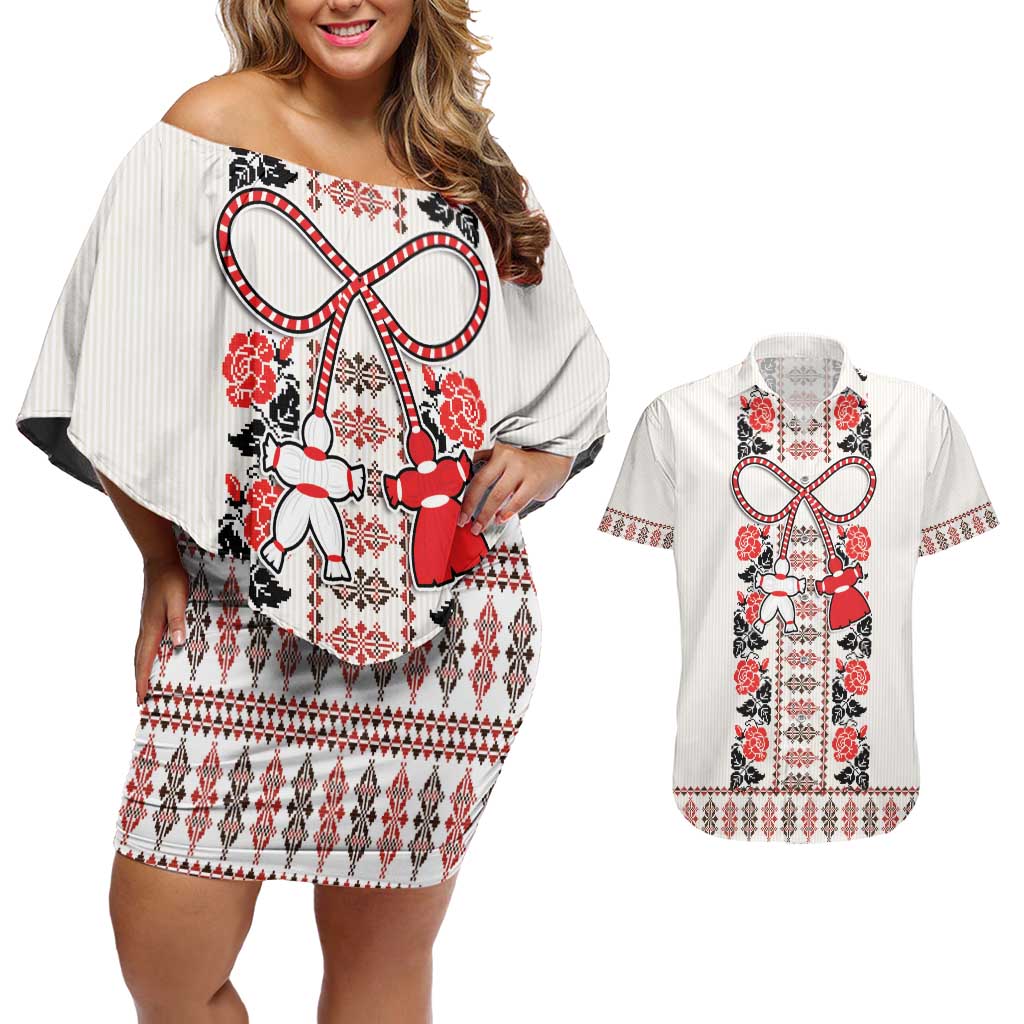 Romanian Traditional Pattern with Martenitsa Couples Matching Off Shoulder Short Dress and Hawaiian Shirt Happy Martisor Day 1 March