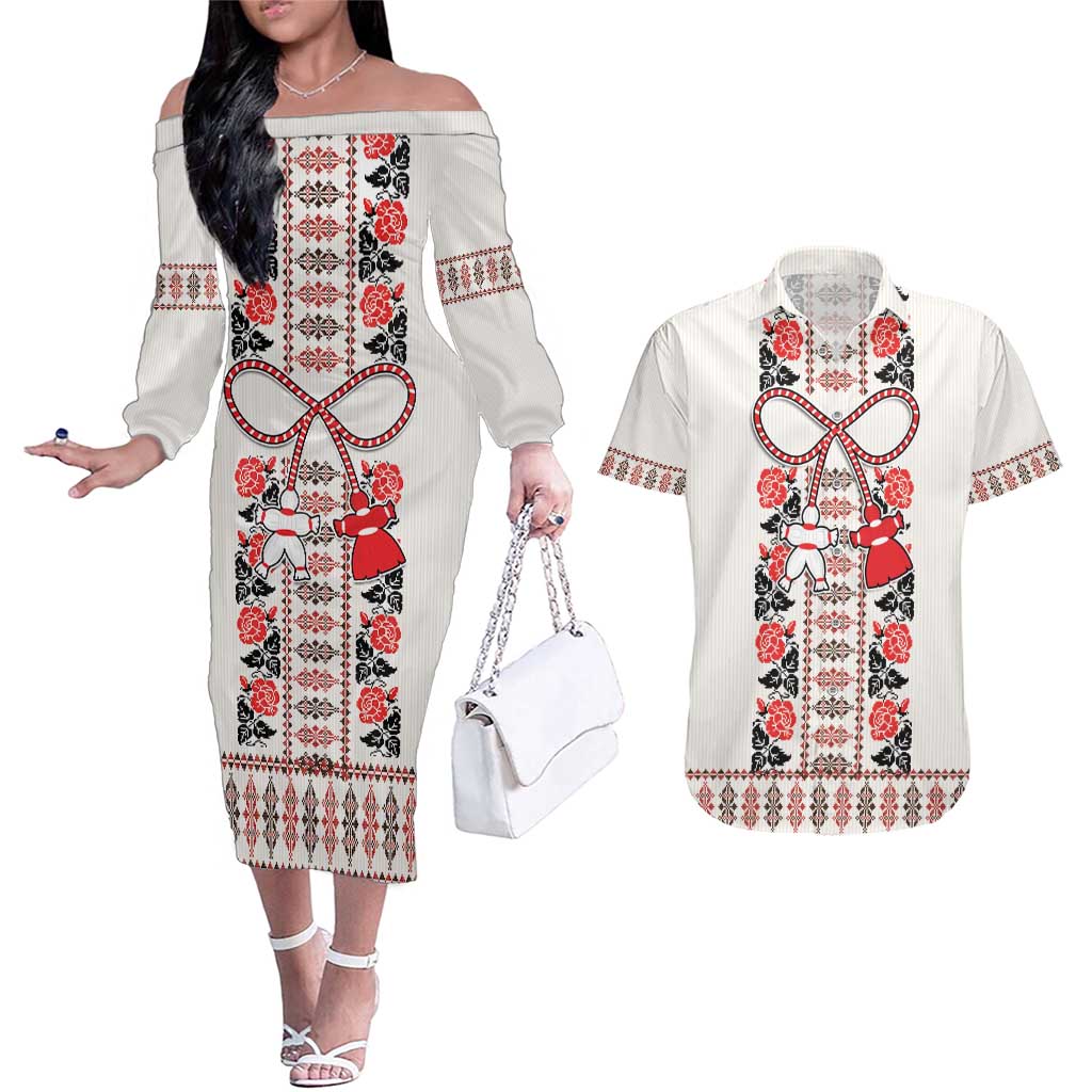 Romanian Traditional Pattern with Martenitsa Couples Matching Off The Shoulder Long Sleeve Dress and Hawaiian Shirt Happy Martisor Day 1 March