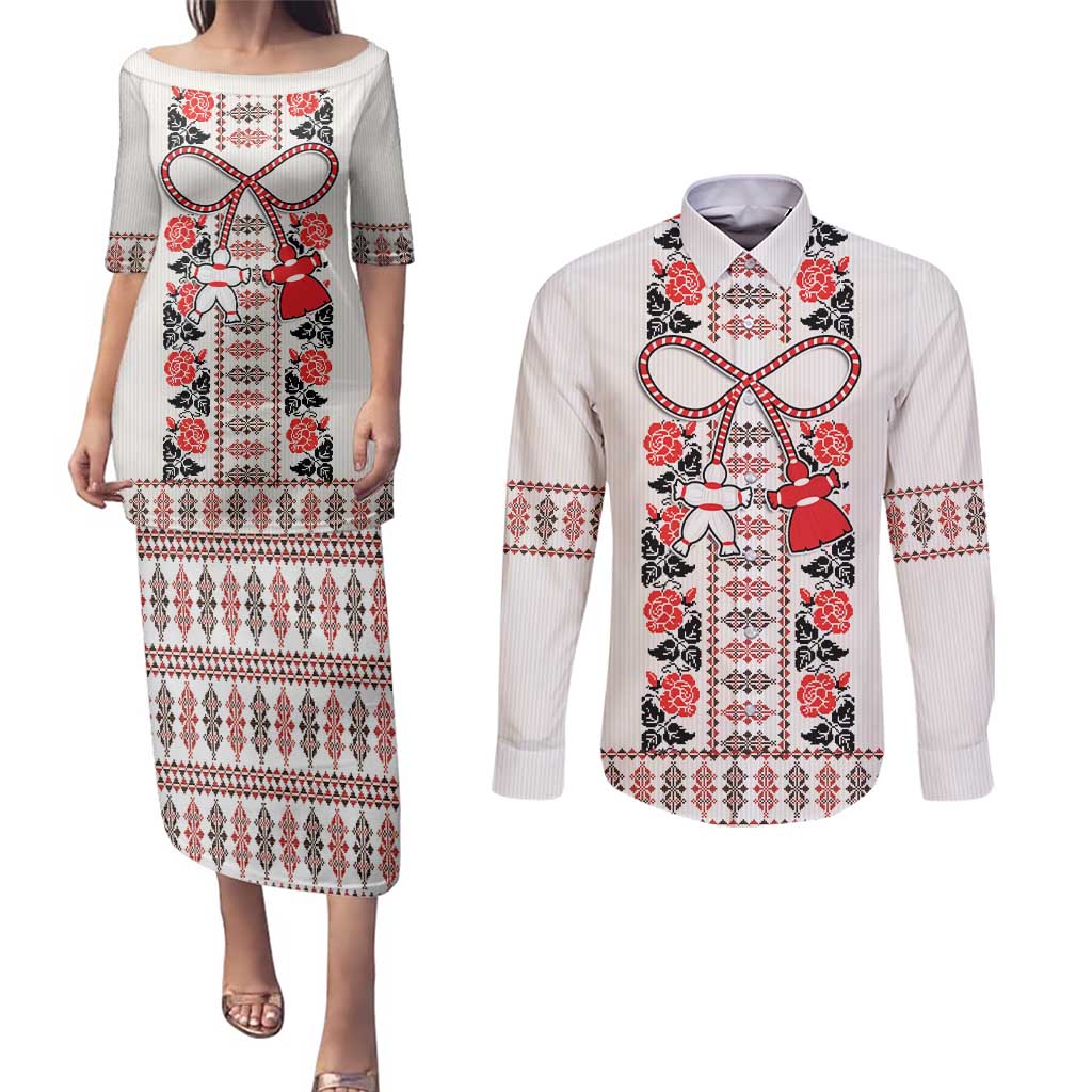 Romanian Traditional Pattern with Martenitsa Couples Matching Puletasi and Long Sleeve Button Shirt Happy Martisor Day 1 March