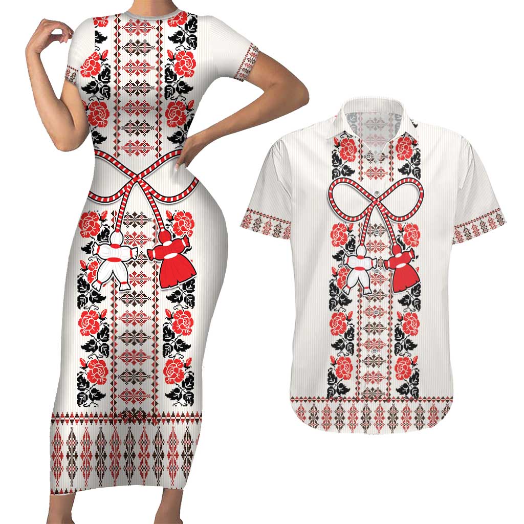 Romanian Traditional Pattern with Martenitsa Couples Matching Short Sleeve Bodycon Dress and Hawaiian Shirt Happy Martisor Day 1 March