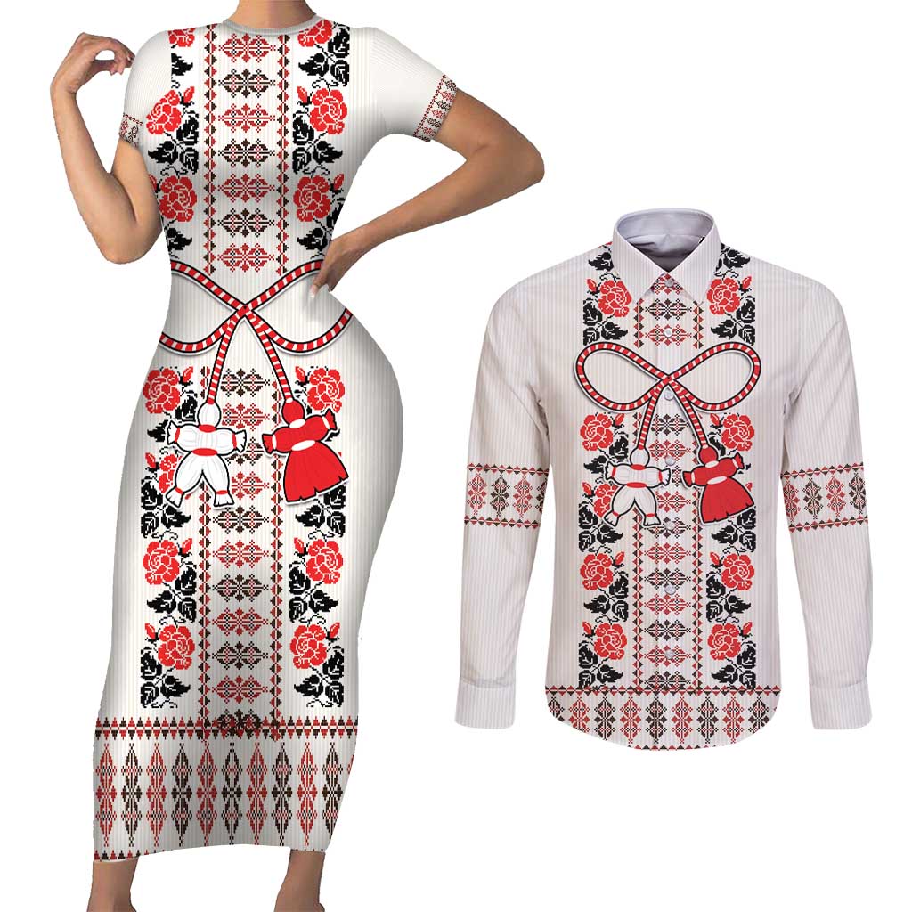 Romanian Traditional Pattern with Martenitsa Couples Matching Short Sleeve Bodycon Dress and Long Sleeve Button Shirt Happy Martisor Day 1 March