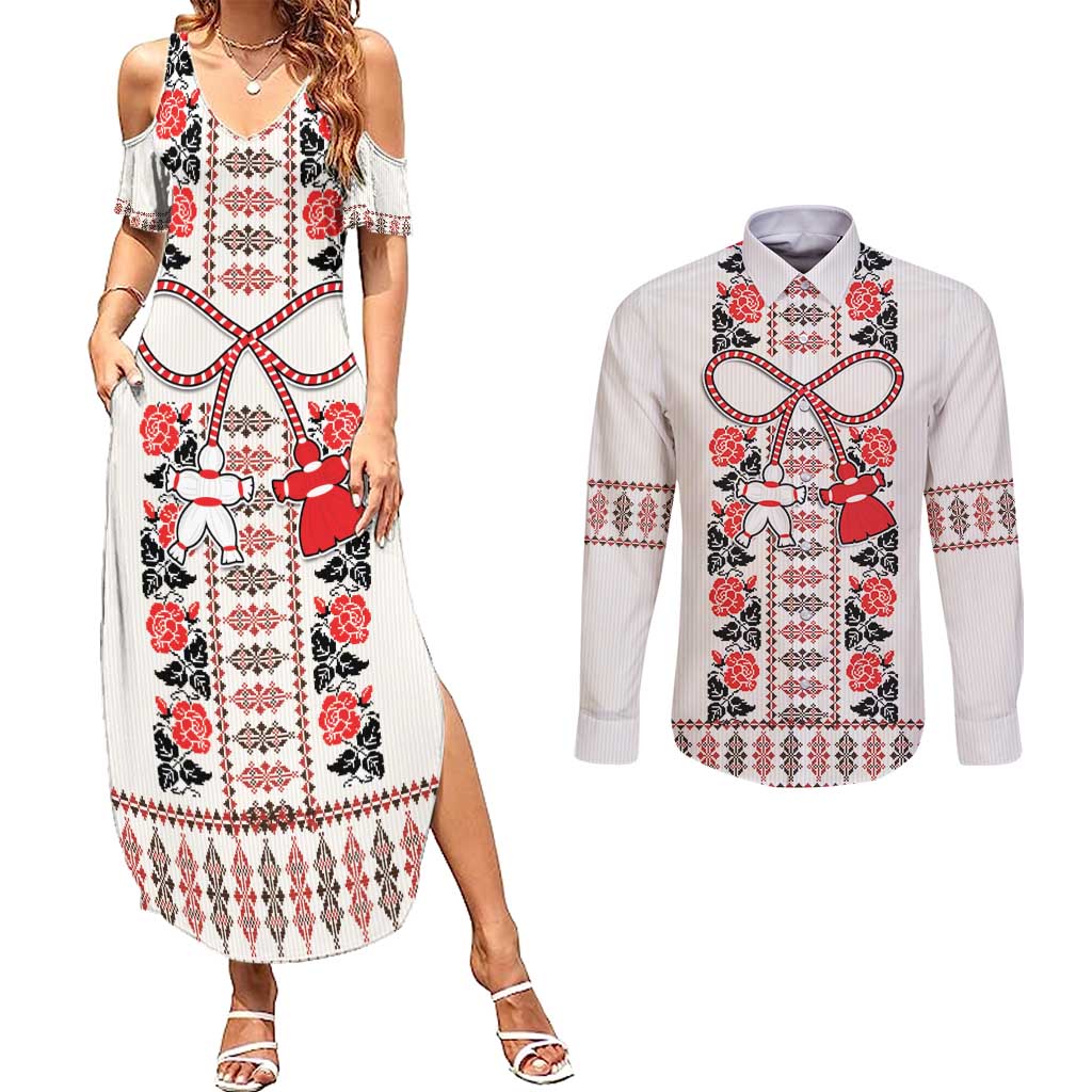 Romanian Traditional Pattern with Martenitsa Couples Matching Summer Maxi Dress and Long Sleeve Button Shirt Happy Martisor Day 1 March