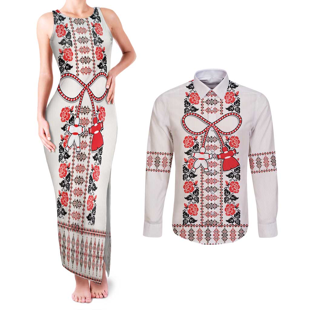 Romanian Traditional Pattern with Martenitsa Couples Matching Tank Maxi Dress and Long Sleeve Button Shirt Happy Martisor Day 1 March