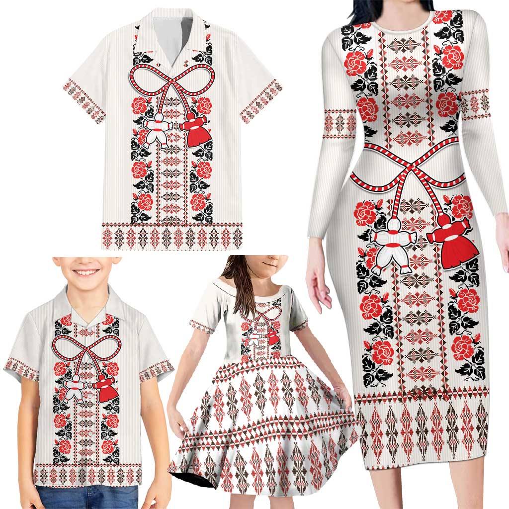 Romanian Traditional Pattern with Martenitsa Family Matching Long Sleeve Bodycon Dress and Hawaiian Shirt Happy Martisor Day 1 March