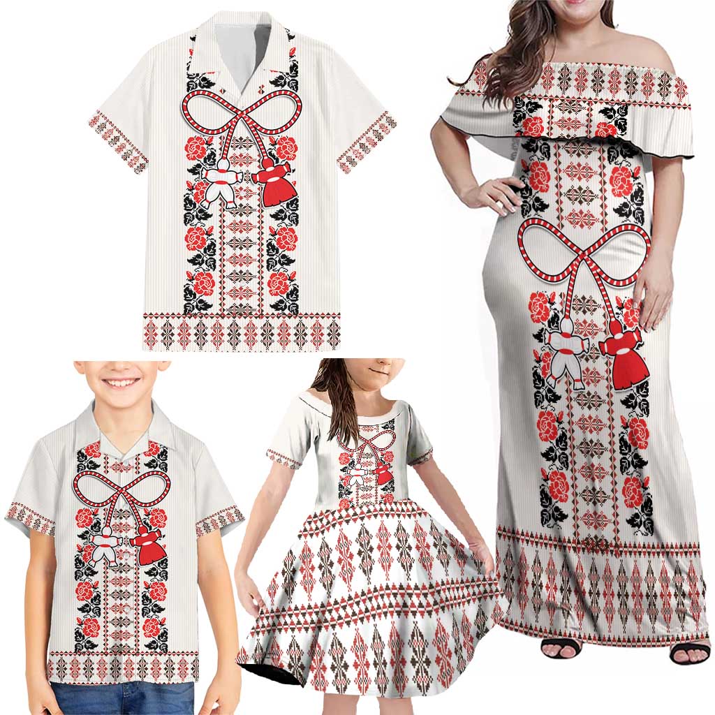 Romanian Traditional Pattern with Martenitsa Family Matching Off Shoulder Maxi Dress and Hawaiian Shirt Happy Martisor Day 1 March