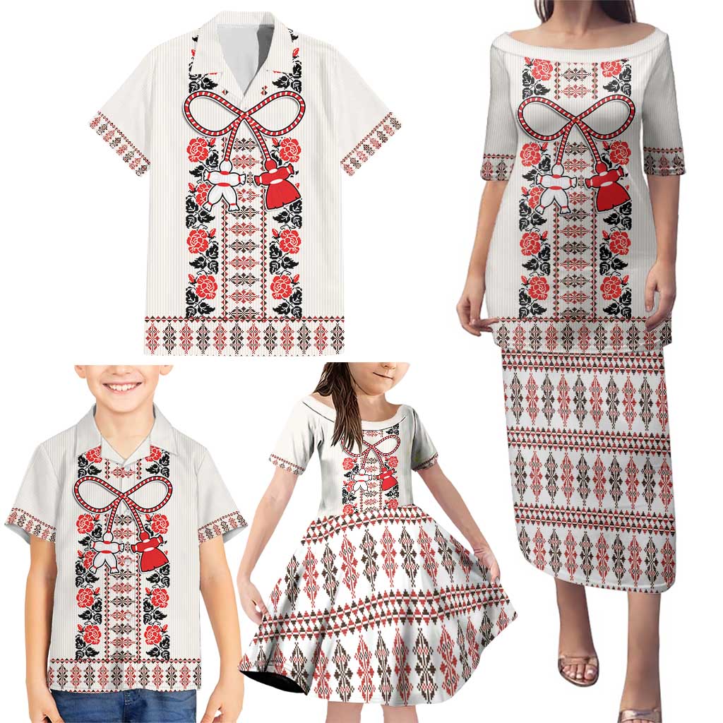 Romanian Traditional Pattern with Martenitsa Family Matching Puletasi and Hawaiian Shirt Happy Martisor Day 1 March