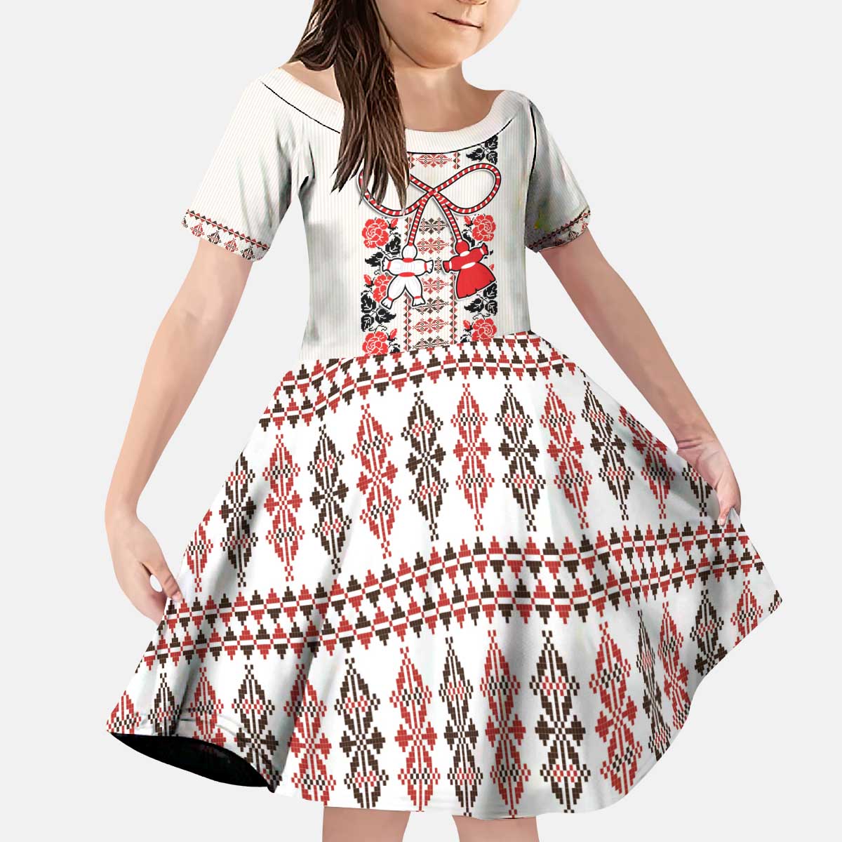 Romanian Traditional Pattern with Martenitsa Kid Short Sleeve Dress Happy Martisor Day 1 March