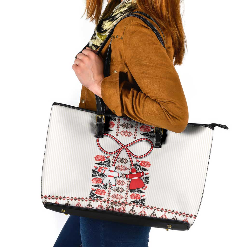 Romanian Traditional Pattern with Martenitsa Leather Tote Bag Happy Martisor Day 1 March