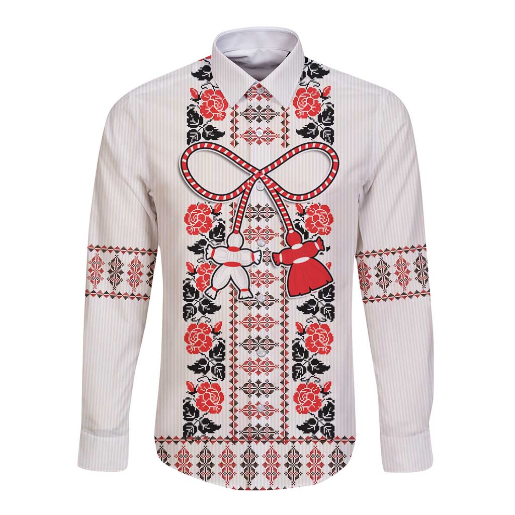 Romanian Traditional Pattern with Martenitsa Long Sleeve Button Shirt Happy Martisor Day 1 March