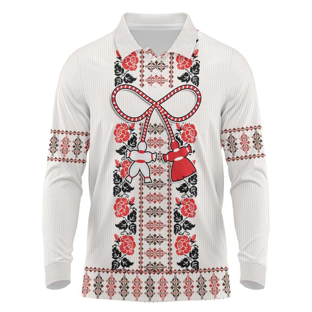 Romanian Traditional Pattern with Martenitsa Long Sleeve Polo Shirt Happy Martisor Day 1 March