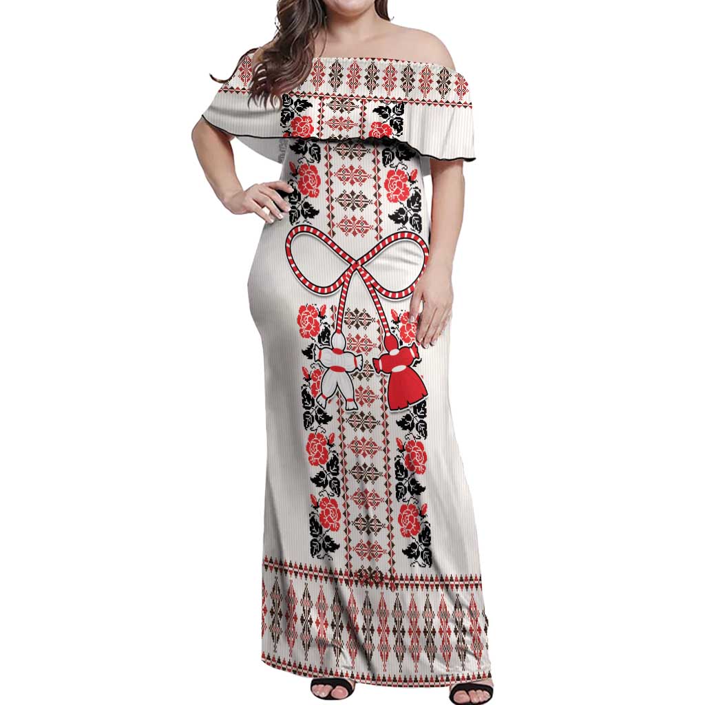 Romanian Traditional Pattern with Martenitsa Off Shoulder Maxi Dress Happy Martisor Day 1 March